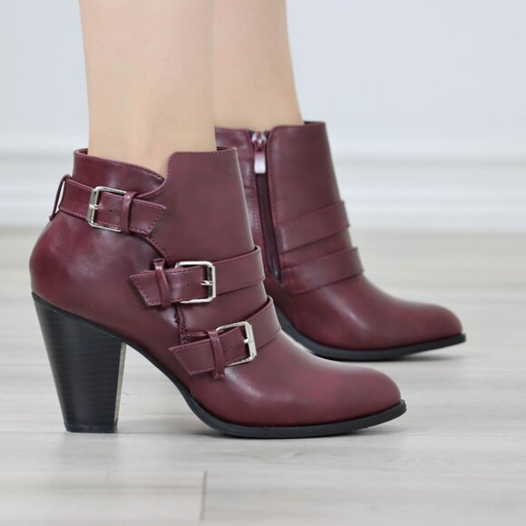 Ankle Boots Block Cone Heel Synthetic Leather Wine Almond Toe Buckles Zipper - Picture 1 of 12